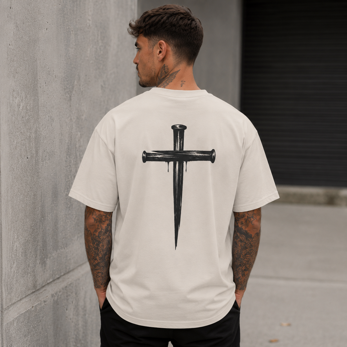 Forged Nail Cross Christian T-Shirt – Heavyweight Oversized Faith Tee by Blessed Designs