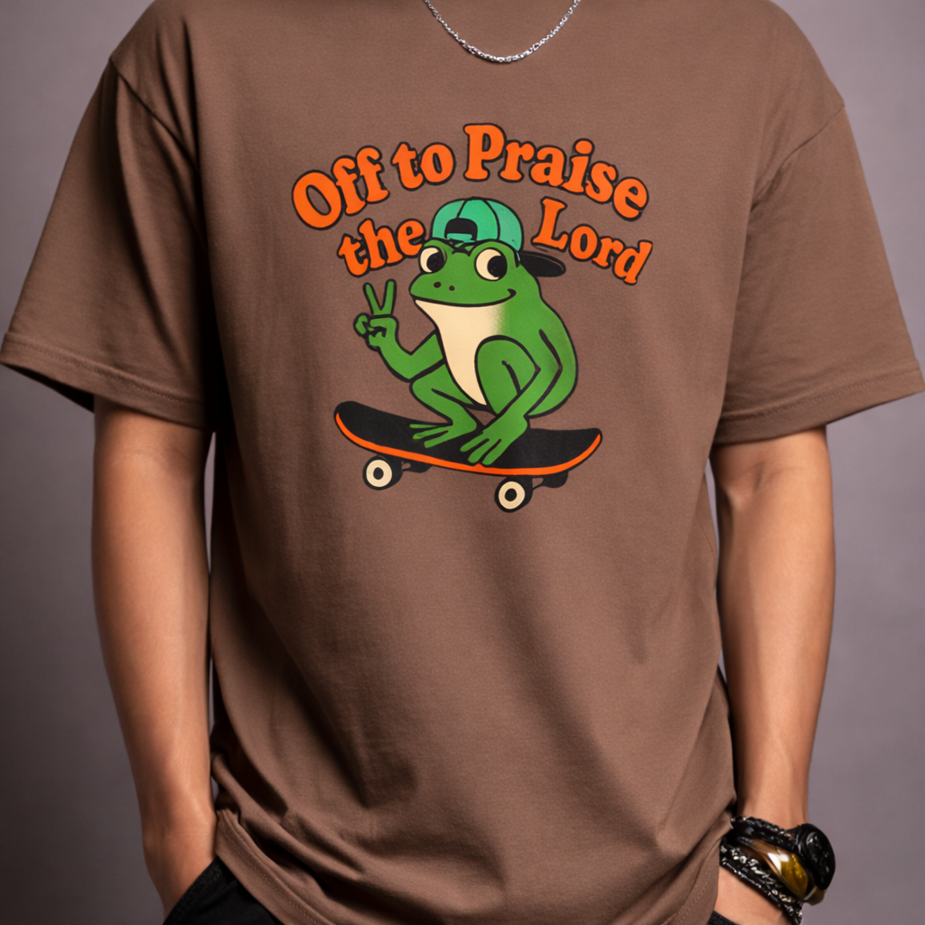 Christian Skate Frog T-Shirt — "Off to Praise the Lord" Graphic Tee
