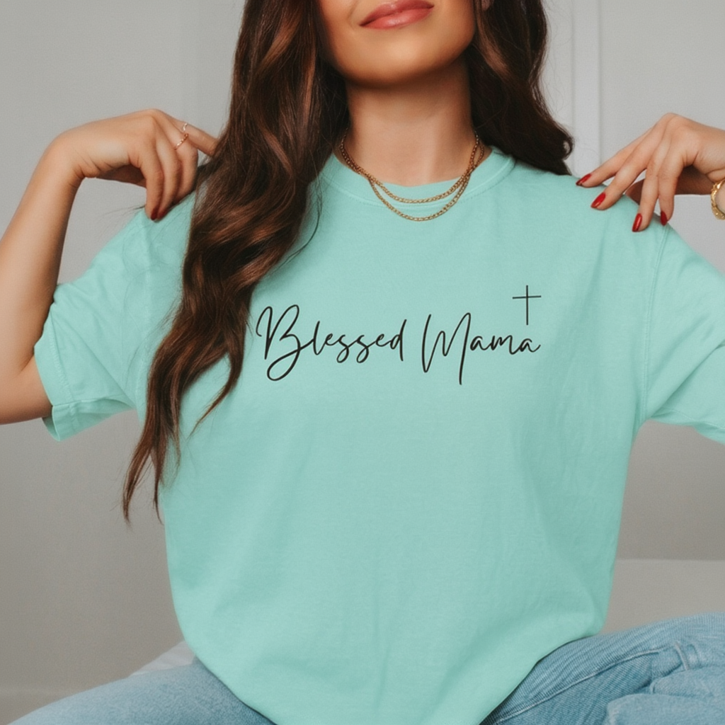 Blessed Mama T‑Shirt — Script Cross Mother's Day Tee