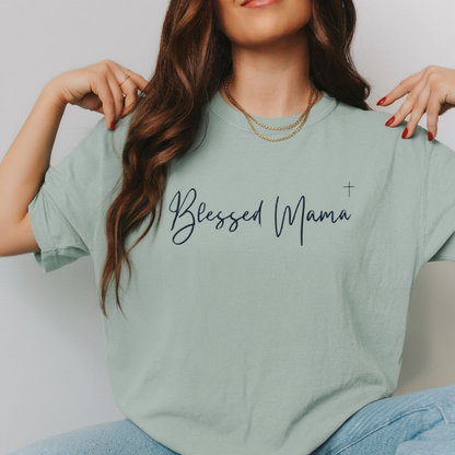 Blessed Mama T‑Shirt — Script Cross Mother's Day Tee