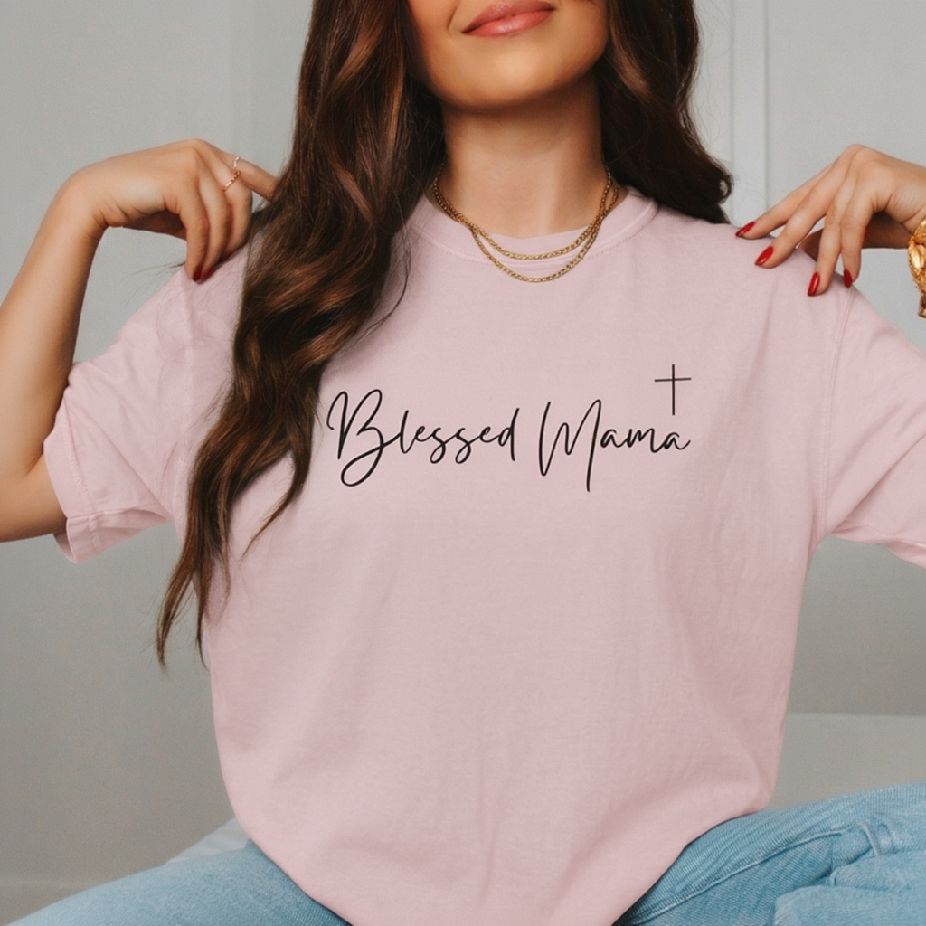 Blessed Mama T‑Shirt — Script Cross Mother's Day Tee