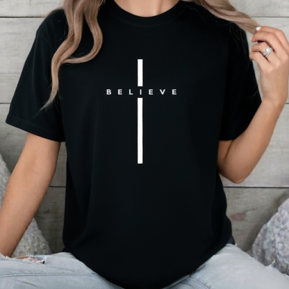 Oversized black t-shirt with minimalist ‘BELIEVE’ cross design, modern Christian streetwear