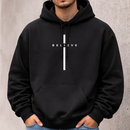 Believe Minimalist Hoodie — Vertical Cross Sweatshirt