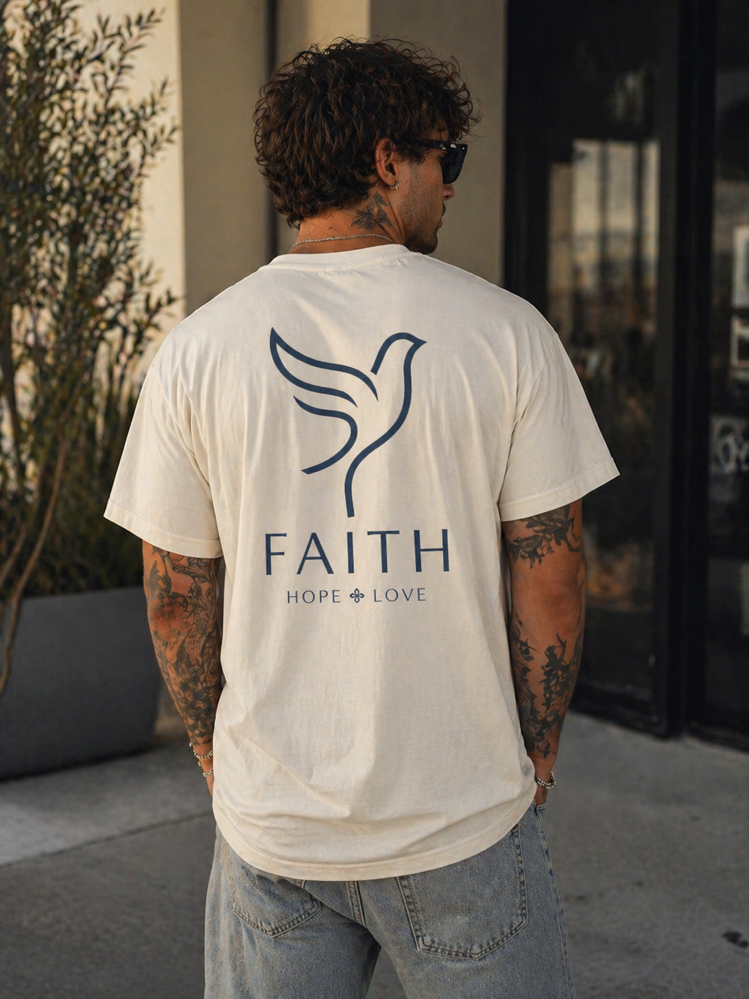 Natural cream faith shirt back with oversized dove and Faith Hope Love print