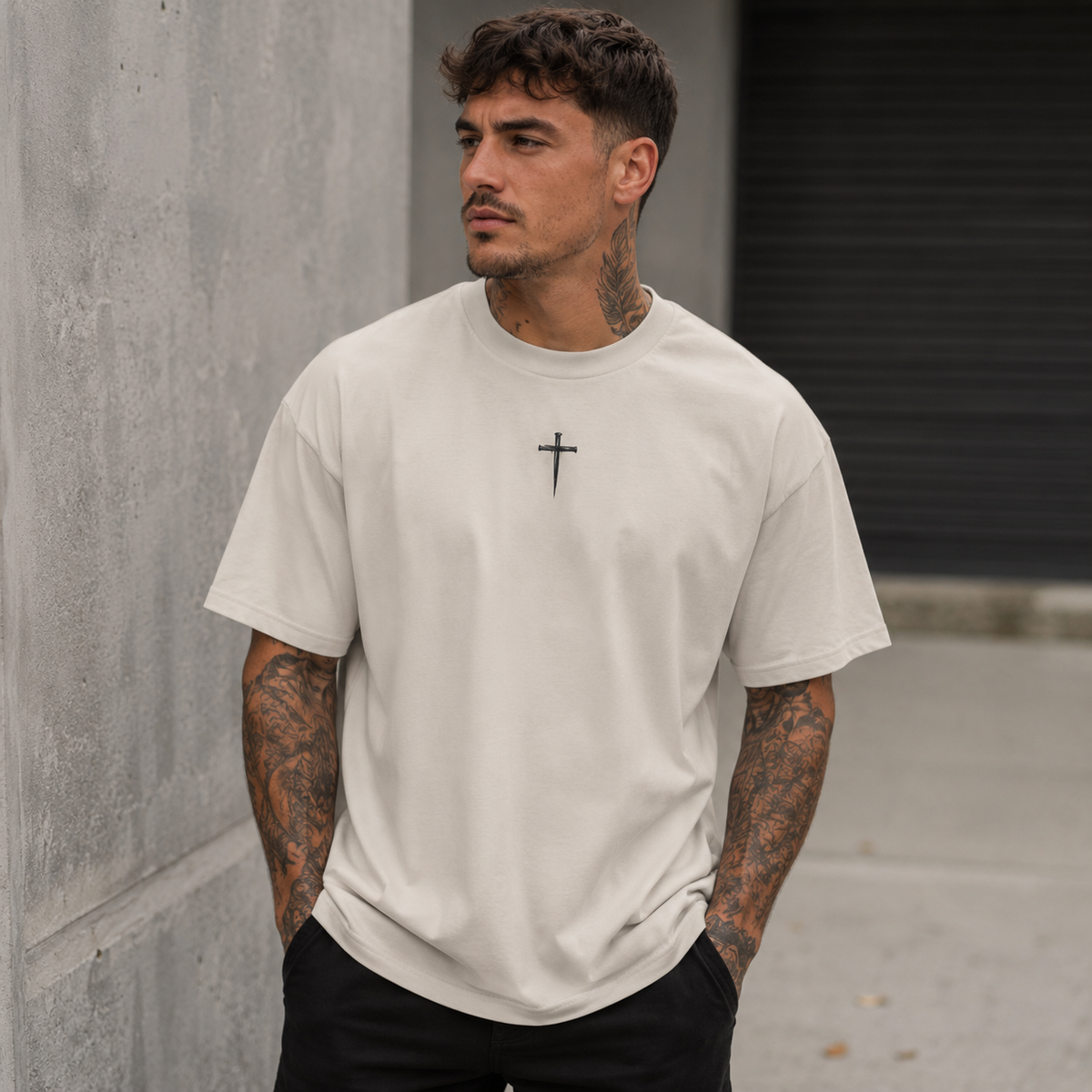 Forged Nail Cross Christian T-Shirt – Heavyweight Oversized Faith Tee by Blessed Designs