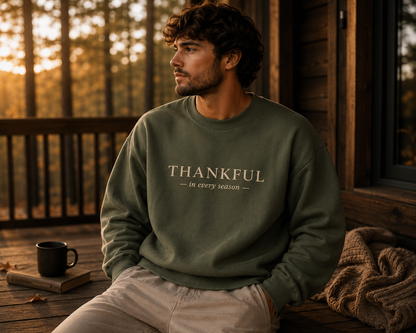Thankful in Every Season Premium Crewneck | Christian Fall Sweatshirt