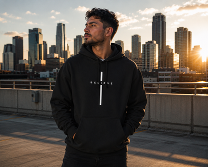 Believe Minimalist Hoodie — Vertical Cross Sweatshirt