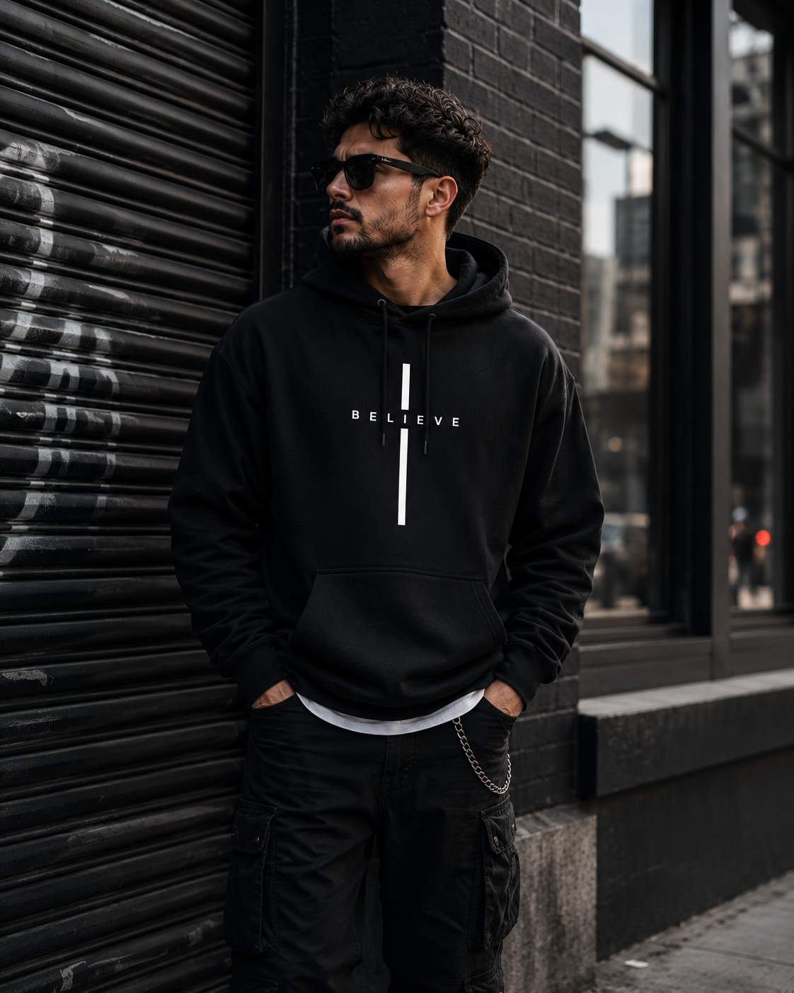 Believe Minimalist Hoodie — Vertical Cross Sweatshirt
