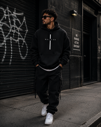 Believe Minimalist Hoodie — Vertical Cross Sweatshirt