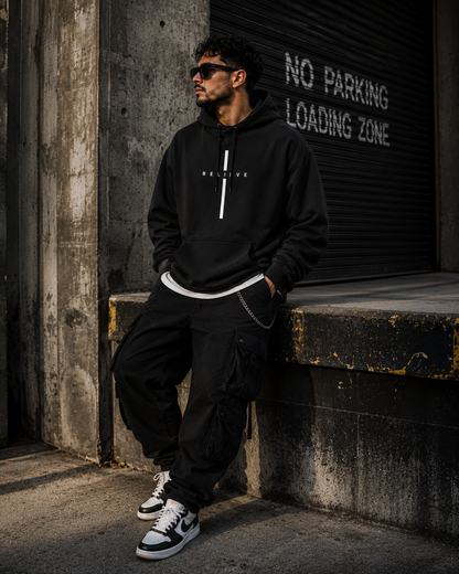 Believe Minimalist Hoodie — Vertical Cross Sweatshirt