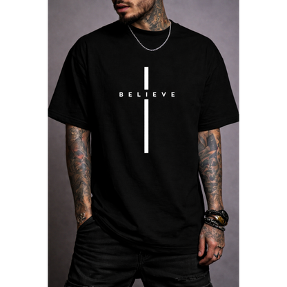 Oversized black t-shirt with minimalist ‘BELIEVE’ cross design, modern Christian streetwear